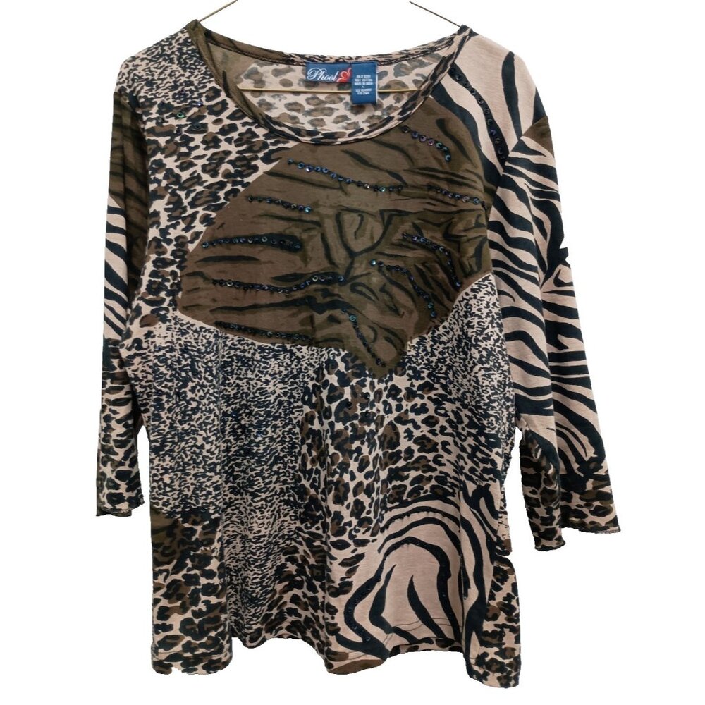 VTG Y2K Phool Womens Top Large Brown Animal Print Embellished Artsy Novelty‎